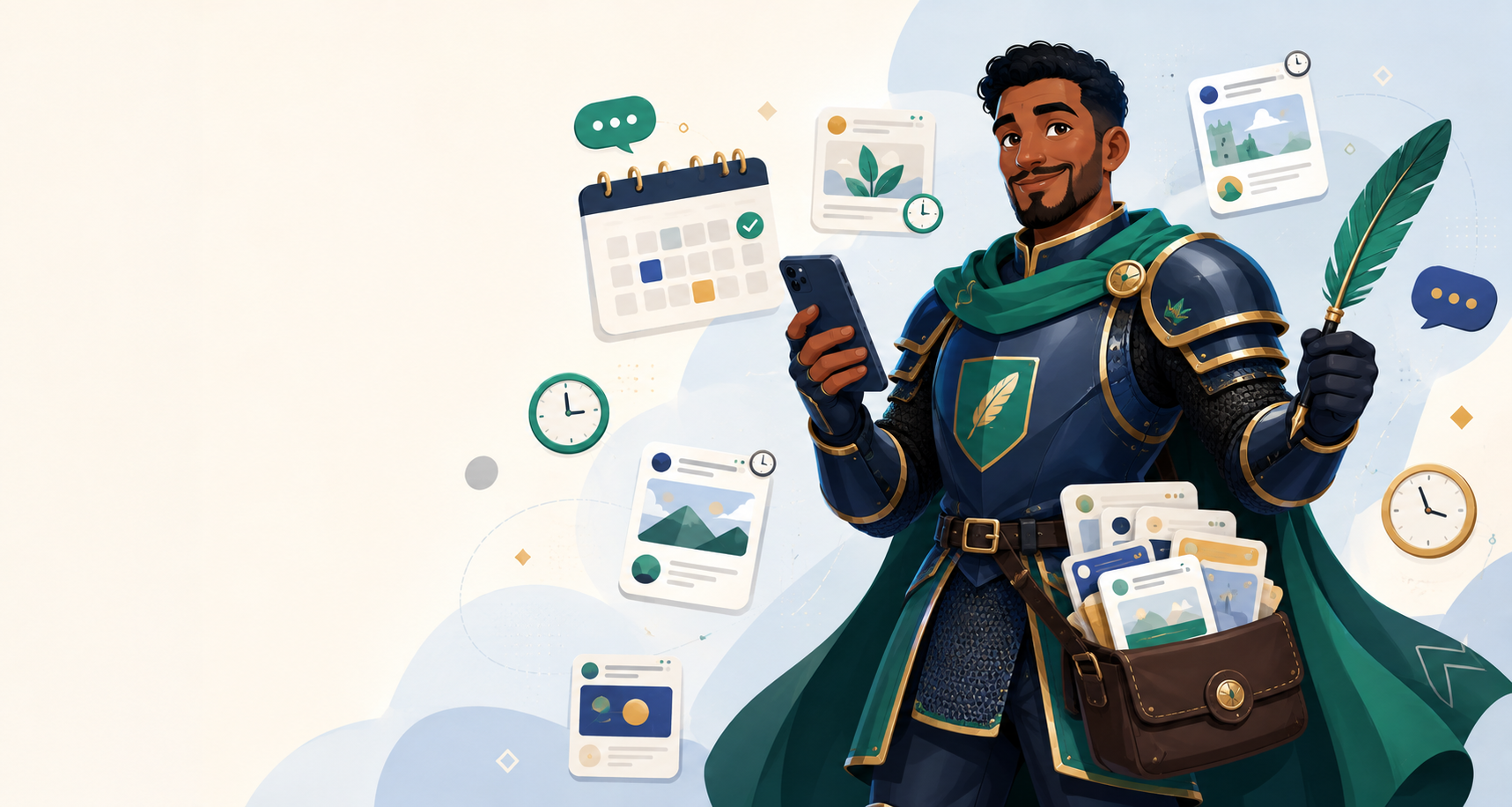 Friendly SirPostALot knight organizing a content calendar
